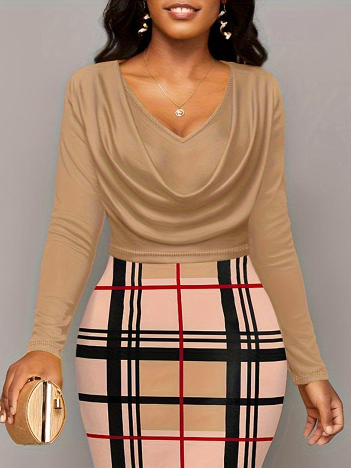 Plus Size Plaid Long Sleeve Dress Coffee Work Brunch Plus Size Plaid Long Sleeve Dress Coffee Work Brunch